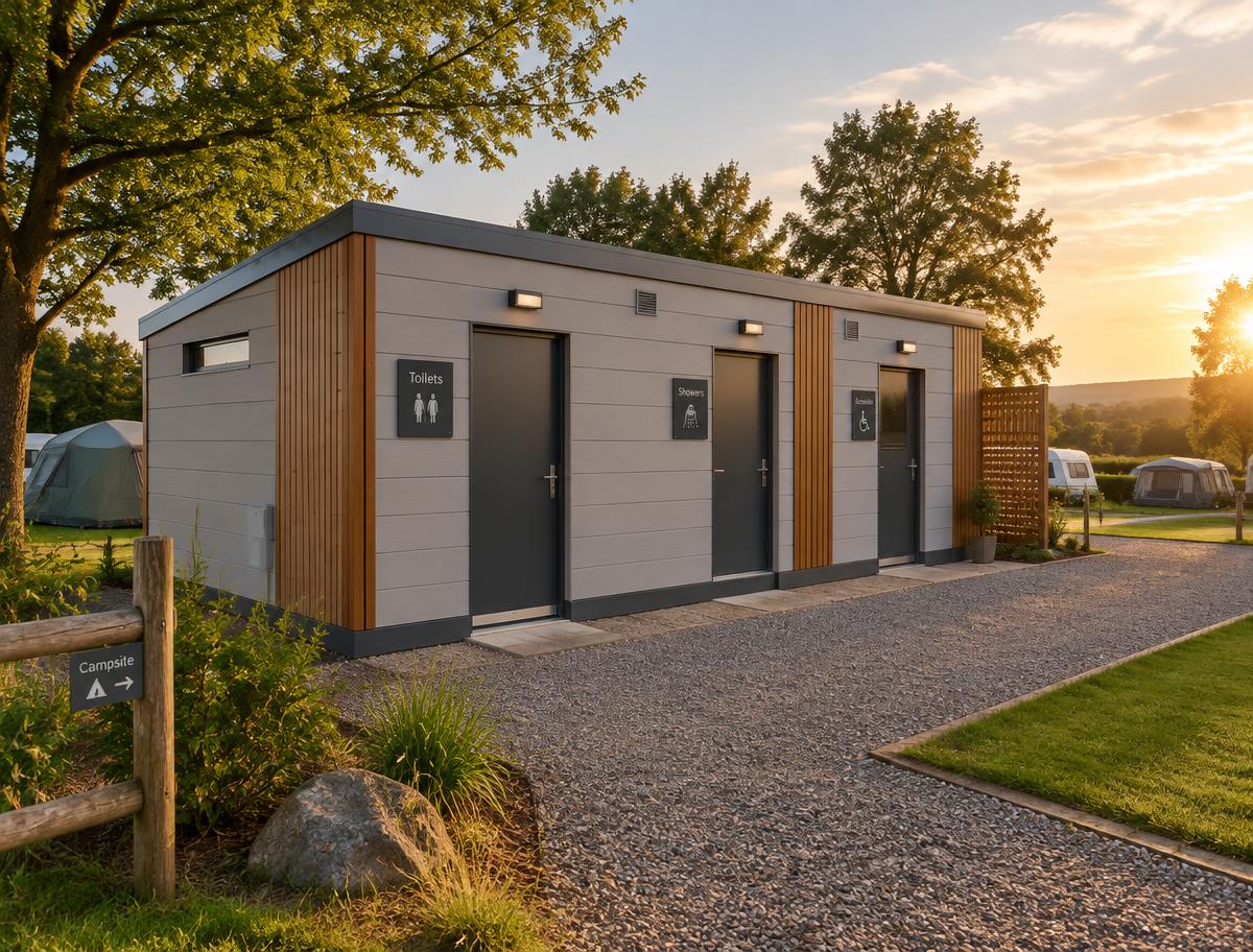 Modular campsite amenity block with toilets, showers and accessible room beside a gravel path